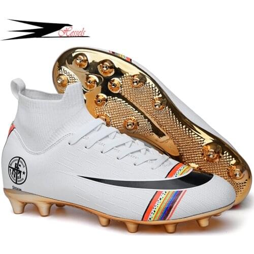 Gold Plated Bottom Boys Soccer Shoes High Top Kids Football Boots Men Breathable Soccer Cleats Antiskid Chaussure Football Shoes