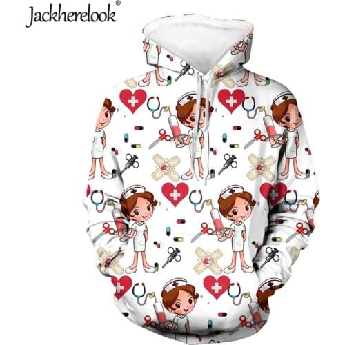 Jackherelook Cute Cartoon Doctor/Nurse Brand Design Hoodie for Womens Long Sleeved Pullover Hoodies Pocket Sweatshirts Jackets