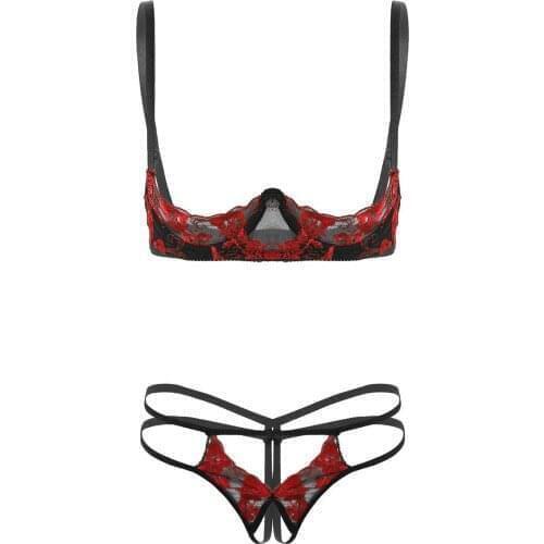Women Erotic Embroidery Lace Lingerie Set Bare Exposed Breast Underwire Bra Top With Crotchless G-string Thong Briefs Exotic Set