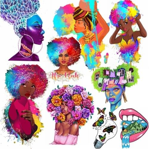 Beautiful African Women Patch Flower Butterfly Thermal Stickers Heart-Sensive Appliques Washable Women T-Shirt DIY On Dress