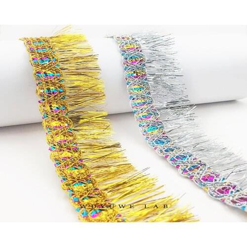 2m Gold Silver Fringe Lace Tassel Sewing Ribbon for Belly Dance Latin Dance Costume Garment Decoration Diy Material 5.5cm