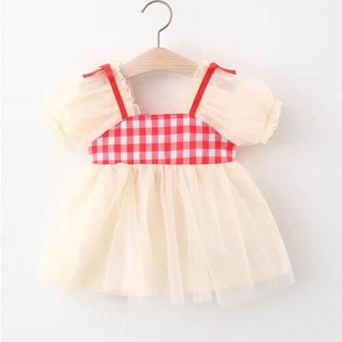 Baby Girl Summer Puff Sleeve Princess Poncho Ball Gown Dress Tricolor Plaid Dress for Birthday Present