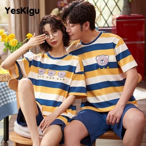 Summer Couples Pajamas Women Men Cotton Cartoon Sleepwear Pyjamas Stripe Bear Homewear Lovers Nightgowns Shorts Pajama Sets 2pcs