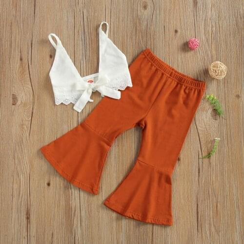 Summer Toddler Clothing Kids Baby Girl Spaghetti Straps Bandage Crop Tops Long Flare Pants 2pcs Outfits Set Fit For 6M-4T