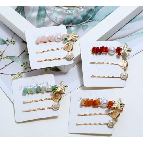 Pack of 3 creative hair clip for women with inlaid faux pearl/resin flower/nature stone/shell design female side clip bangs clip