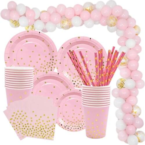 Gold Pink Disposable Tableware Set Paper Plates Cup Napkin Baby 1st Birthday Party Decor Baby Shower Girl Party Supplies Balloon