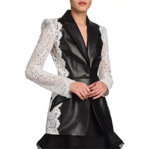 New Lady Autumn Fashion brand Leather Jacket Lace Patchwork Long Sleeve V-neck Short Outwear Sheepskin jacket