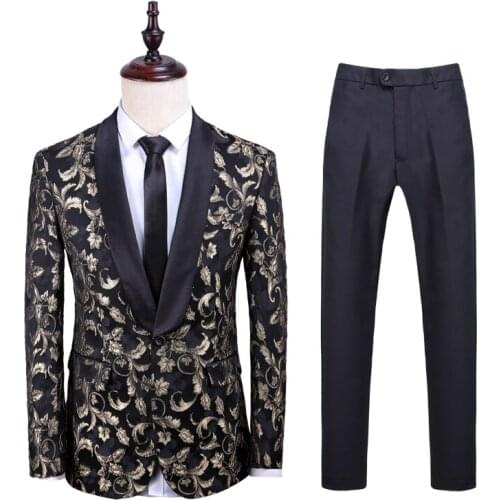 2020 New Stylish Atmosphere High-end Flower printed Slim Fit Men Suit 2 pcs set Casual Tuxedo Groom Wedding dress Prom Men Suit