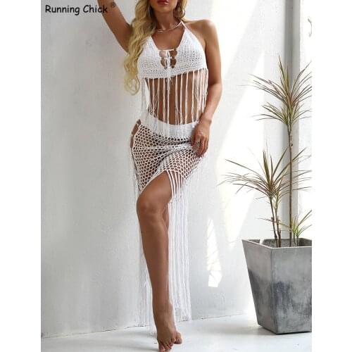 New Spring Summer 2020 Womens Sexy Perspective Hollow Out Skirts Manual Tassel Coat Fission Women Outfit