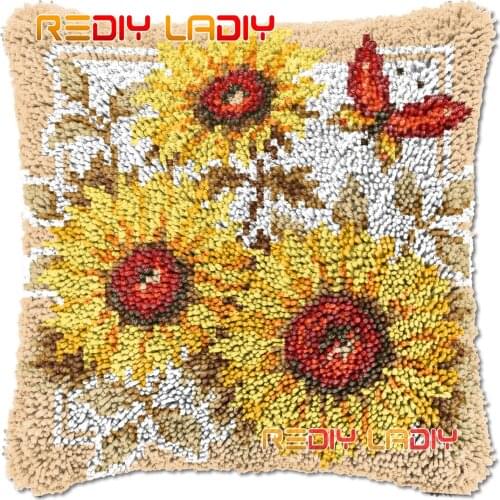Latch Hook Cushion Sunflowers DIY Needlepoint Kits Chunky Acrylic Yarn Arts Crocheting Lofty Pillow Case Hobby & Crafts