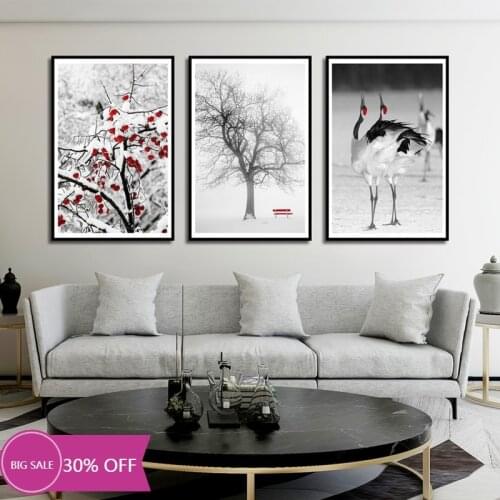 Christmas Decoration Canvas Painting Animal Posters Winter Snow Scene Tree Red Crowned Crane Wall Art Picture Home Decor