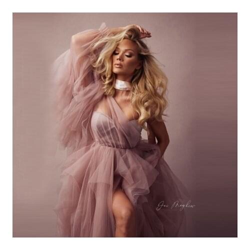 Blush Pink One Shoulder Maternity Dresses Long Sleeves Front Slit Ball Gown Shape Pleated Plus Size Pregnancy Photo Shoot Gowns