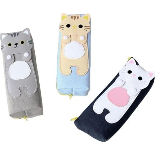 Cute Korea Cartoon Cat Canvas Pencil Bag Fashion Simple 4 Colors Stationery Bag Large Capacity Sotrage Bag For Kids Gift
