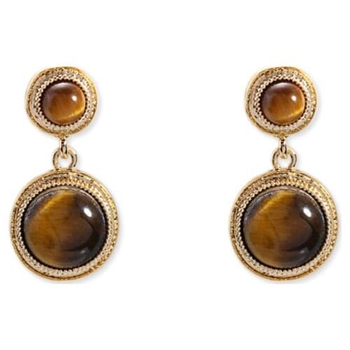 Light Yellow Gold Color Layer Round Tiger Eye Stone Stud Earrings for Women Green Turquoises Jewelry