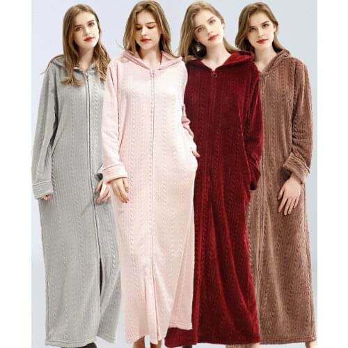 2019 Women Winter Thick Warm Flannel Pajamas Long Robe Bathrobe Nightgown Ladies Bath Lingerie Hooded Stripe Sleepwear Homewear