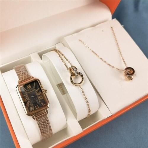 Fashion Simple Rectangle Dial Women Watch with Necklace Set Stainless Steel Waterproof Quartz Womens Watch
