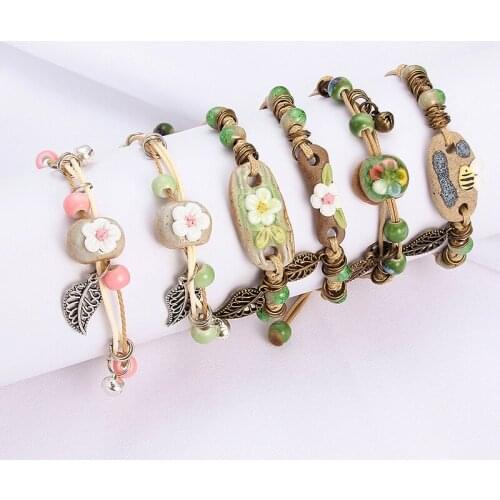 Retro Bracelet Womens Flower Leaf Ceramic Hand Made DIY Bracelets Artware For Woman Girl Fashion Exquisite Jewelry Gifts