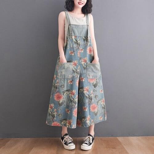 6496 Women Denim Jumpsuit Loose Oversize Chic Floral Printing Elegant Temperament Overall Sweet Girl Wide Leg Suspender Rompers