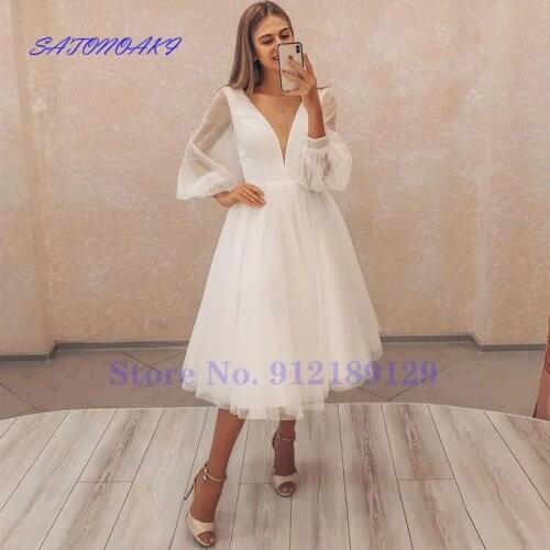 2021 Vestido De Novia Sexy Deep V-Neck Short Wedding Dresses Puffy Sleeve A-Line Tea-Length Bridal Gown Robe De Mariée Sukienka