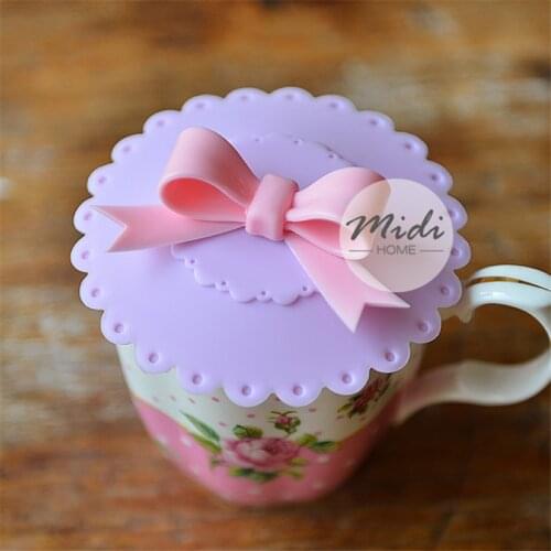 10.5cm Cute Anti-dust Silicone Glass Cup Cover Coffee Mug Suction Seal Lid Cap Silicone Lovely Bowknot Cup Cover A
