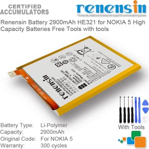 Renensin Battery 2900mAh HE321 for NOKIA 5 High Capacity Batteries Free Tools with tools