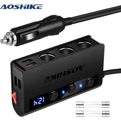 AOSHIKE Cigarette Lighter Adapter QC 3.0 180W 12V/24V 3-Socket Splitter 4 USB Ports Car Power Adapter For GPS/DashCam/Phone/iPad