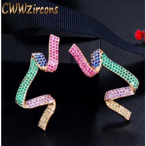 CWWZircons Brand Geometric Silk Shape Multi Color Cubic Zirconia Long Big Luxury Designer Earrings for Women Chic Jewelry CZ772