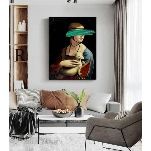 Pop Art Canvas Picture For living Room Wall Decoration Leonardo Da Vinci-The Lady With An Ermine Canvas Art Paintings Cover Face