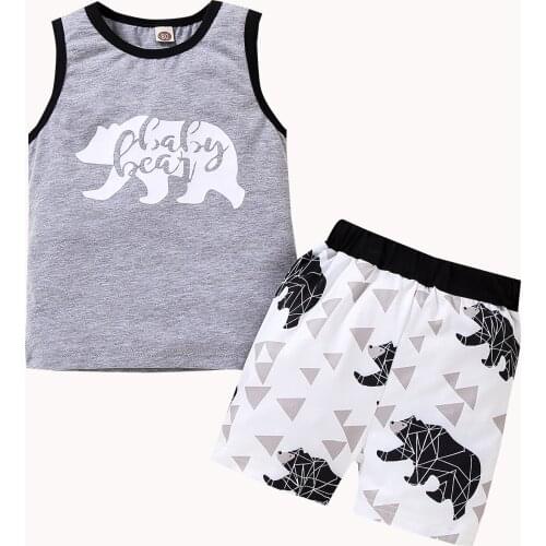 Little Boys Gray Vest And Shorts Suit Cartoon Polar Bear Printed Sleeveless Tops And Short Pants Summer Trip Refreshing