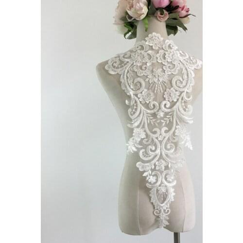 1Pc Ivory Beaded Embroidery Lace Applique Fabric Embroidery Lace Collar Trims Wedding Bridal Applique For Stage Costume Dress