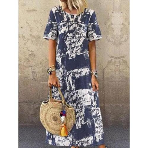 Summer Womens Short Sleeve Loose Round Neck Printed Long Dress Casual Loose Polyester Plus Size Ankle-Length Dress