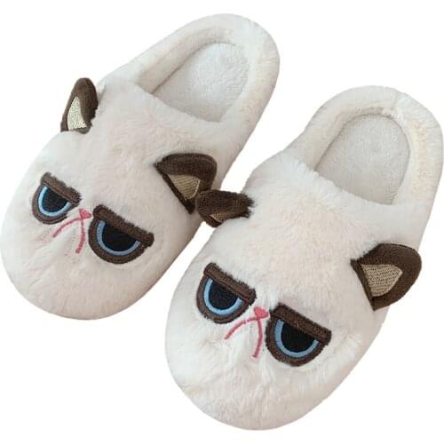 Cute Cat Plush Slippers Women Home Slippers Animal Soft Comfortable Brown Woman Slipper Winter Ladies House Slippers 36-41