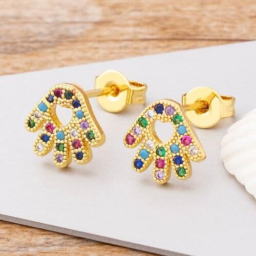 Fashion Small Hollow Heart Stud Earrings Rainbow Zirconia Fatima Hand Evil Eye Earring For Women Friend Female Wedding Jewelry