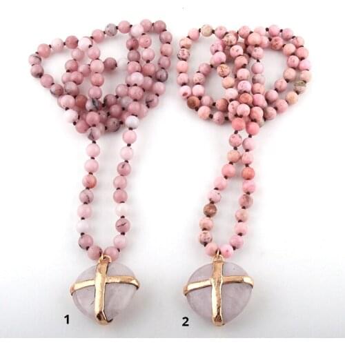 MOODPC Fashion Bohemian Tribal Jewelry Pink Stones Long Knotted Heart Stone Pendant Necklaces Women Necklace Dropship