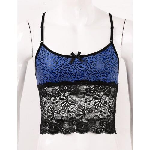 Mens Sissy Erotic Leopard Printed Adjustable Straps Cross Back Floral Lace Spliced Camisole Vest Crop Tops Nightwear Sleepwear