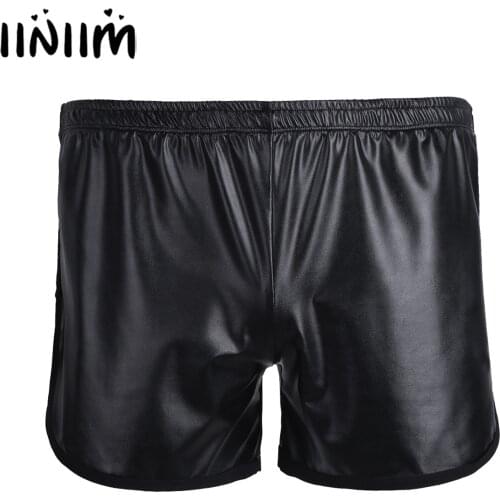 Mens Black Shiny Glossy Faux Leather Slim Fit Boxer Shorts Sexy Clubwear Elastic Waistband Loose Fitness Pants with Back Pocket