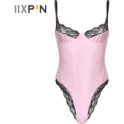 Mens Lingerie Sissy Bodycon Bodysuit Adjustable Spaghetti Strap Sleeveless Unlined Wireless Lace Trimming Bra Leotard Underwear