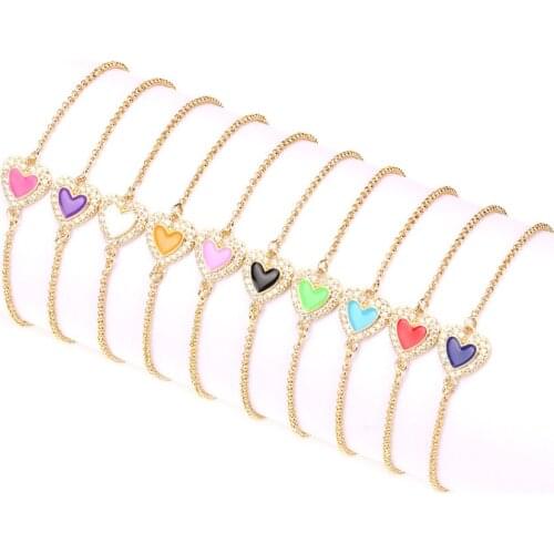 EYIKA Luxury Micro Pave Zircon Multicolor Enamel Love Heart Link Chain Bracelet Women Girl Dating Daily Wear Jewelry Party Gift