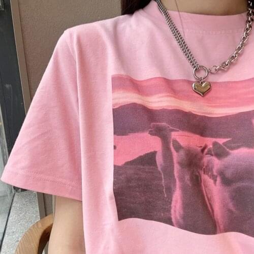 Pink T-shirt Cute Sheep Print Streetwear Harajuku Women Fun Casual Loose Vintage Kawaii Cartoon Chic Summer Sweet Girls Tops