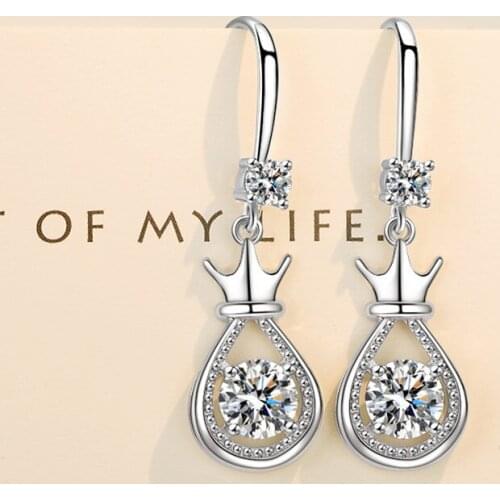 White Round Zircon Luxury Queen Crown Water Drop Earrings For Women Wedding Jewelry Cute Pink Blue Crystal Stone Dangle Earrings
