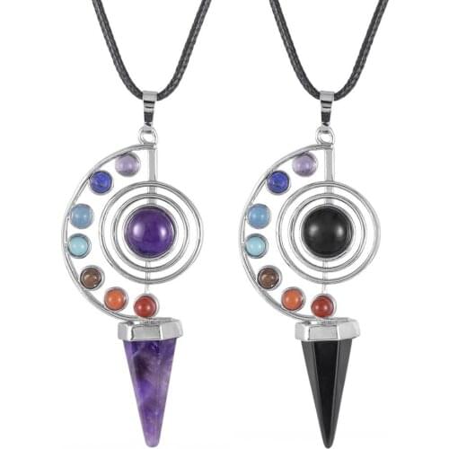 TUMBEELLUWA Hexagonal Natural Stone Pendant Necklace 7 Chakra Crystal Beads Healing Pendulums for Dowsing Reiki Symbols Jewelry