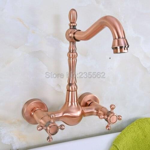 Antique Red Copper Bathroom Kitchen Sink Basin Faucet Mixer Tap Swivel Spout Wall Mounted Dual Cross Handles Lnf944