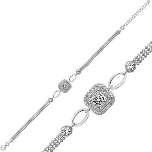 Tevuli 925 Sterling Silver Square Montür White Cubic Zirconia Bracelet