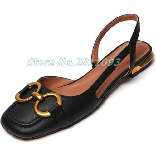 Slingback Low Heel Shoes Square Toe Cut Out Leather Black Beige Pumps Spring Summer Women Shoes Metal Decor New Arrivasl Sandals