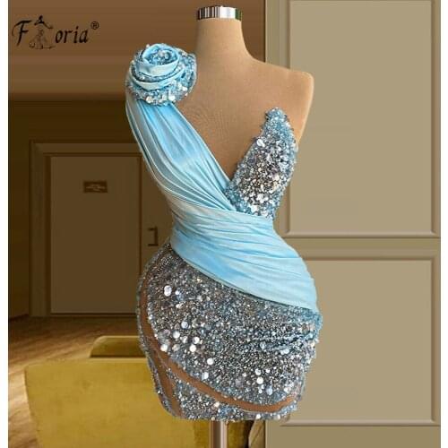 2021 Sparkle Beaded Blue Short Prom Dresses Flower Sequined Mermaid Party Dress Sheer Neck Homecoming Dress Custom Made