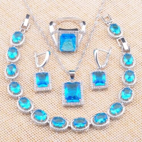 Silver Color Jewelry Sets For Women Wedding Blue Crystal 2020 Fashion Earrings Rings Bracelet Necklace christmas gifts Z0727