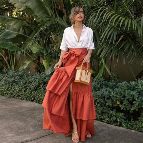 High Street Fire Orange Satin Wrap Skirts Women Ruffles Tiered A-line Women Skirt With Bow Sexy High Split Skirt 2020