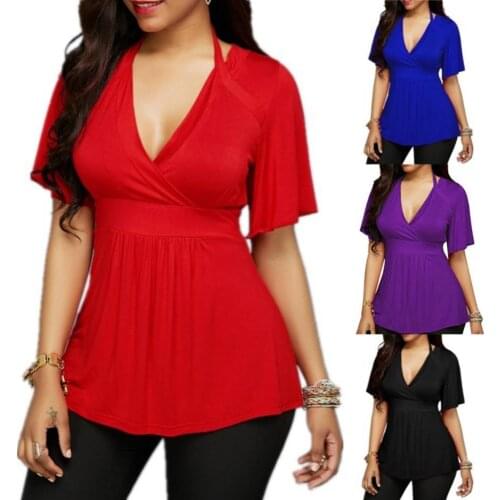 Sexy Summer Women Plus Size Solid Color V-neck Halter Short Sleeve T-Shirt Top