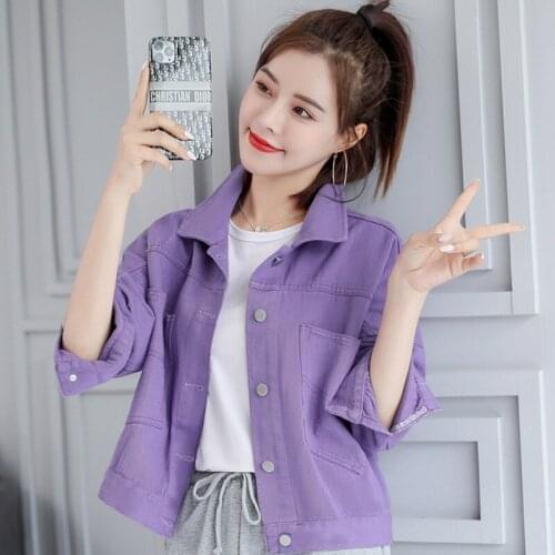 2021 Purple Tooling Denim Jacket Women Short Korean Spring Autumn Clothes New Loose Student Small Coat Pink Wear Girl Top Cotton