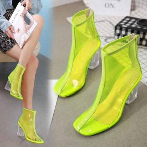 2021 European and American Fluorescent Color Crystal Thick Heel Transparent Tape Color Matching High Heel Womens Sandal Boots